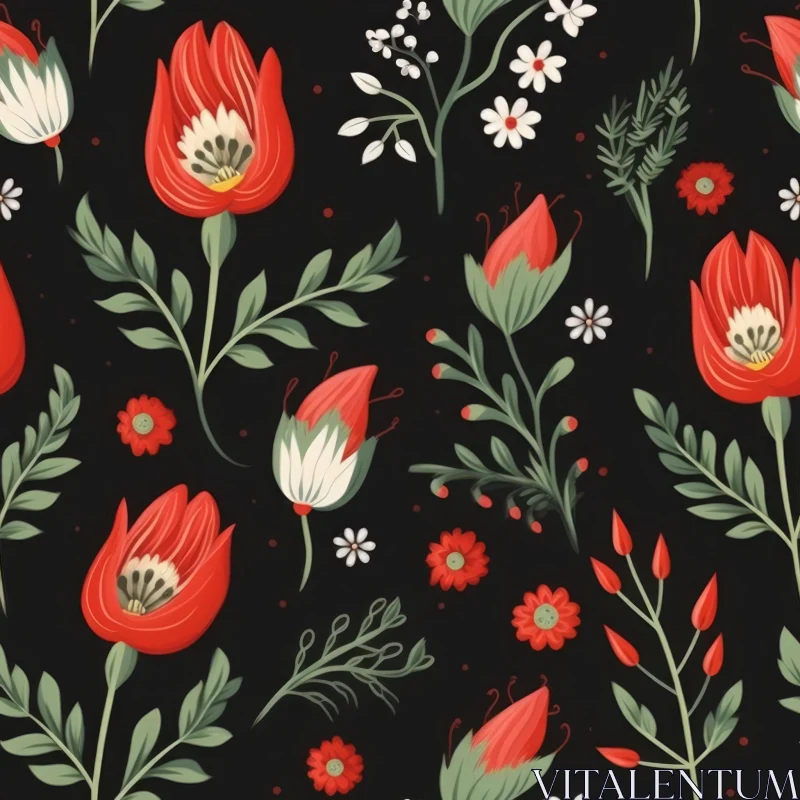 Red and White Floral Pattern on Black Background AI Image