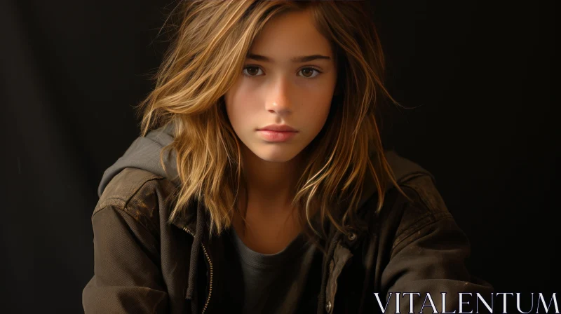 Serious Young Girl Portrait in Brown Jacket and Gray T-shirt AI Image