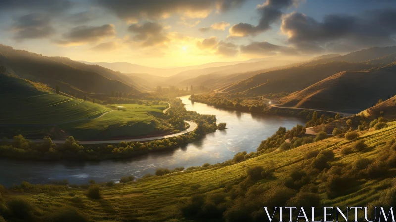 Tranquil River Landscape in a Beautiful Valley AI Image