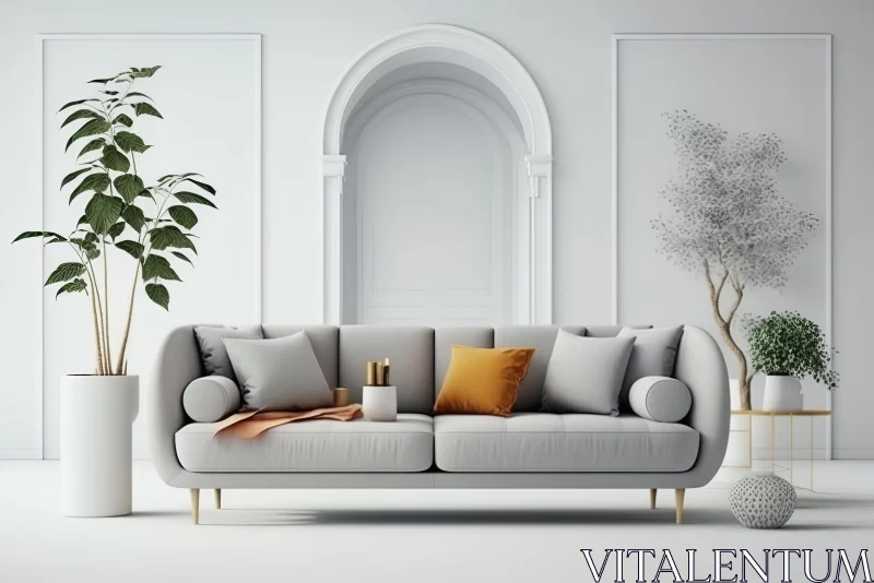AI ART Whimsical and Luxurious White Interior with Grey Sofa and Orange Potted Plant