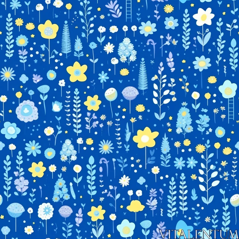 Whimsical Cartoon Floral Pattern on Blue Background AI Image