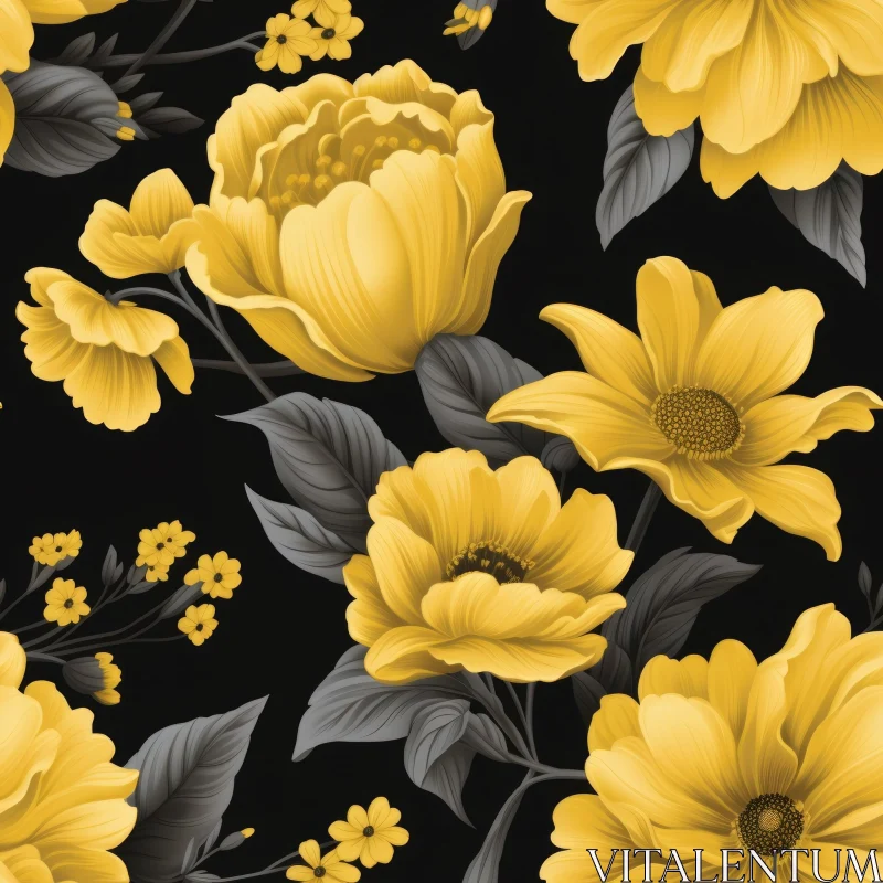 Yellow and Grey Floral Pattern on Black Background AI Image