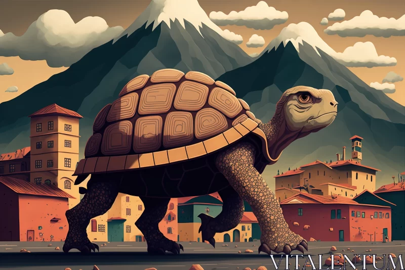 Captivating Illustration of a Tortoise Walking Through a Serene Town AI Image
