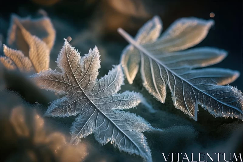 Close-up Shot of Frost-Covered Leaf | Dreamlike Natural Scene AI Image