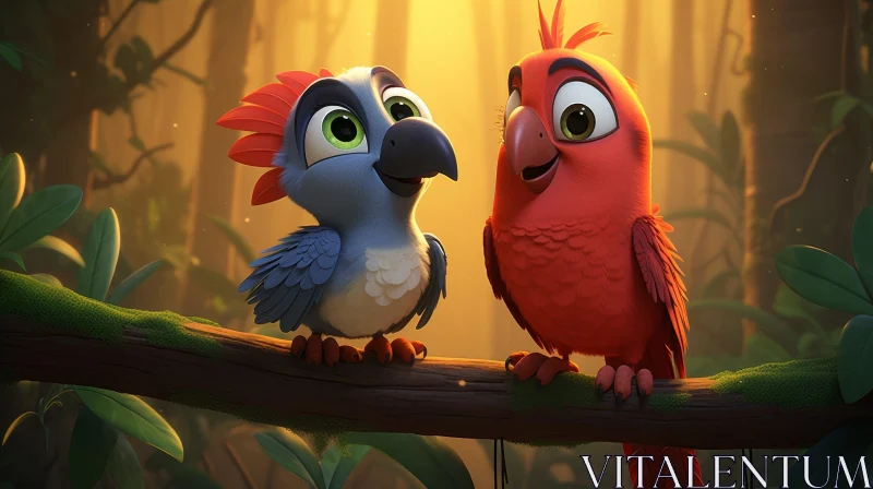 Colorful Cartoon Parrots in Jungle Illustration AI Image