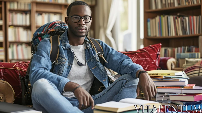 Confident Young African-American Man in Library Surround by Books AI Image