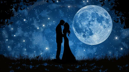 Enchanting Night Scene: Couple Embracing Under Full Moon