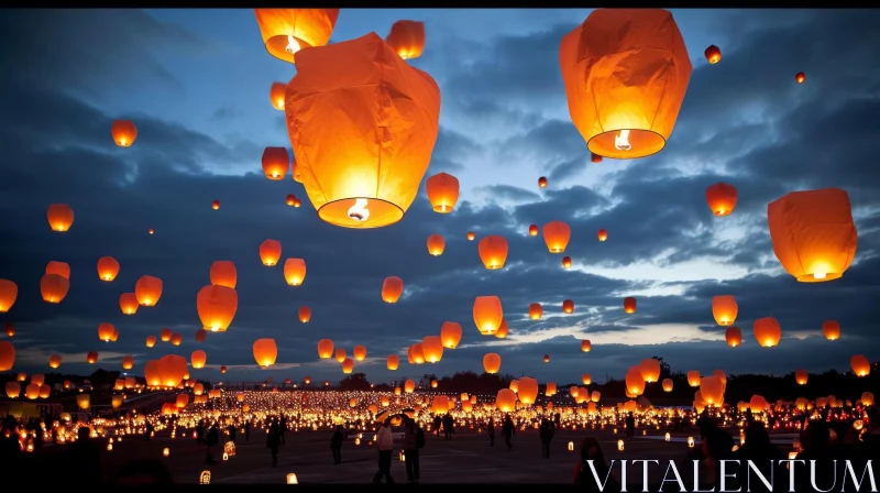 Glowing Paper Lanterns in the Magical Night Sky AI Image