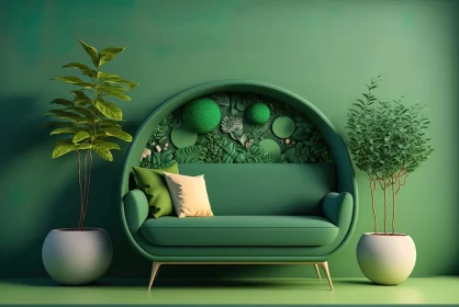 Green Sofa in Sunny Interior with Potted Plants - Whimsical Design