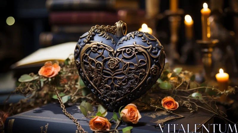 AI ART Intriguing Still Life Composition with Heart-Shaped Locket and Roses