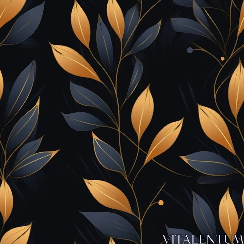 Luxurious Golden and Blue Leaf Pattern on Black Background AI Image