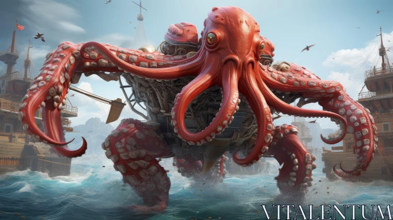 Menacing Octopus Attack on Ships AI Image