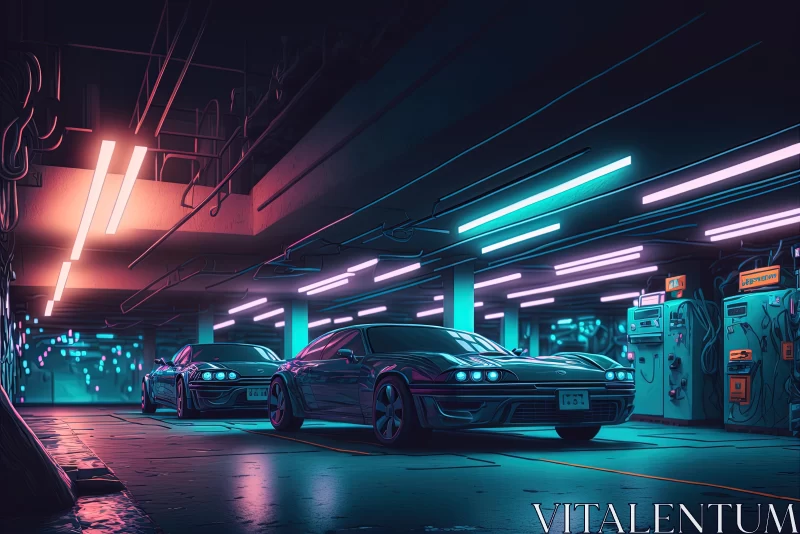 Neon-Lit Garage with Hyper-Realistic Car Renderings | Outrun Aesthetics AI Image