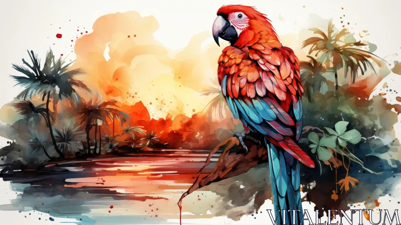 Realistic Watercolor Painting of a Parrot at Sunset AI Image