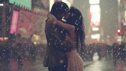 Romantic Snowy Street Kiss