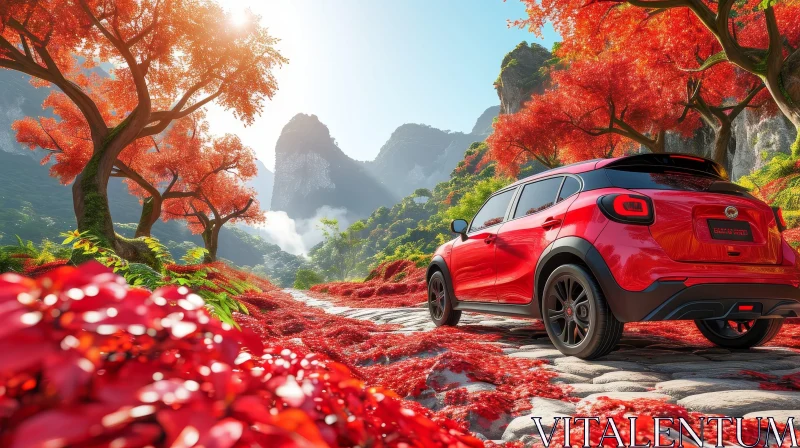 Scenic Forest Drive: Red Car Amidst Vibrant Foliage AI Image