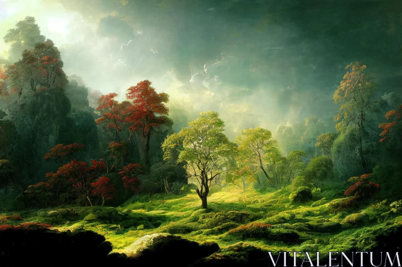 Serene Forest Painting with Dramatic Splendor AI Image