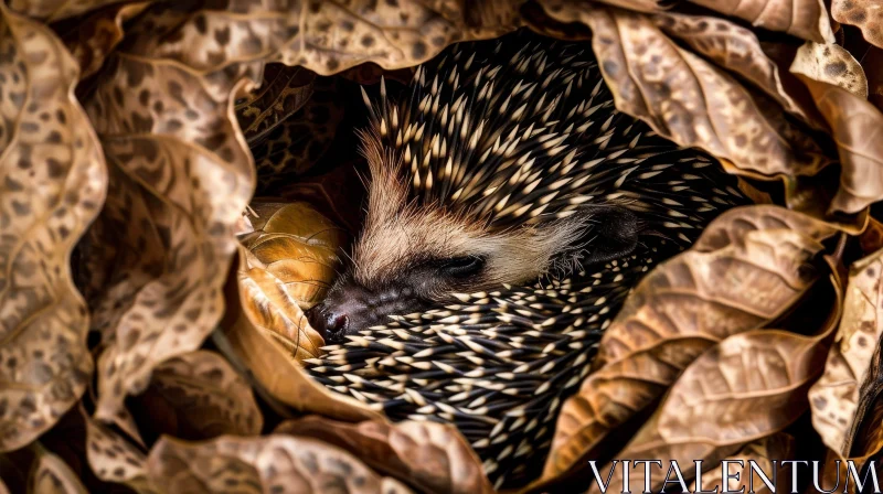 Sleeping Hedgehog in Nest of Dry Leaves AI Image