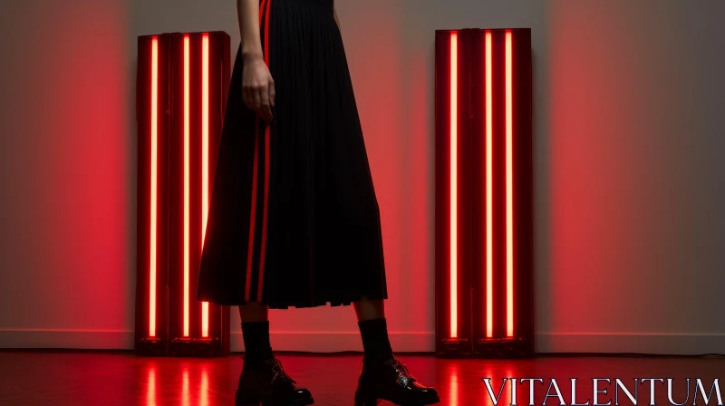 Stylish Woman in Black Skirt and Neon Lights AI Image
