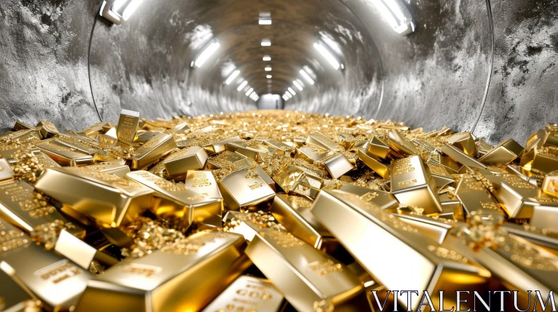 Surreal 3D Rendering of a Gold Bar Filled Tunnel AI Image