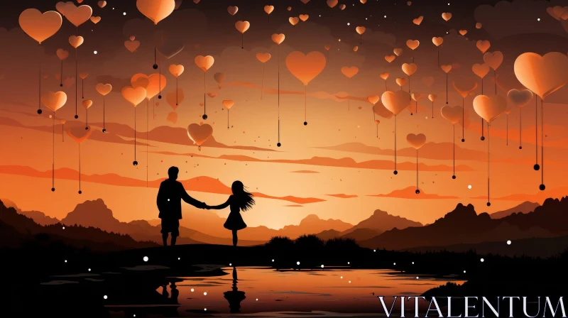 Tranquil Sunset at Lake with Silhouettes and Heart-shaped Balloons AI Image
