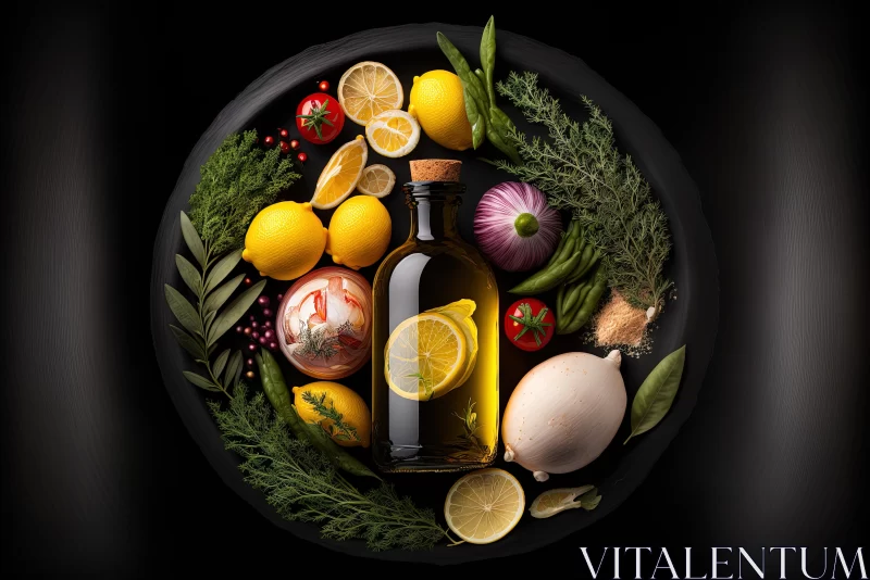 Vibrant Still Life: Olive Oil Bottle with Vegetables and Herbs on Black Background AI Image