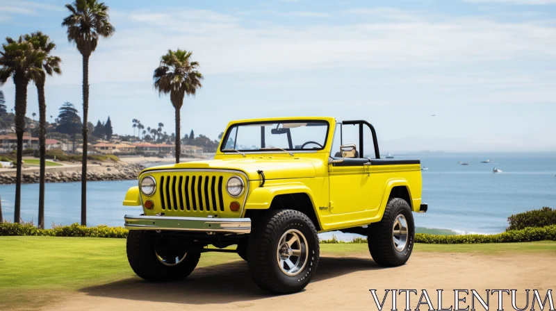 Yellow Jeep Parked on a Grassy Road Near a Palm Tree - Classic American Car AI Image