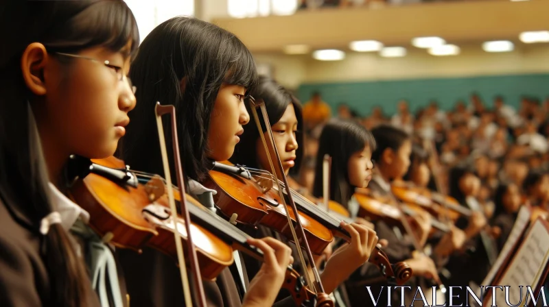 Young Girls Playing Violins in a School Orchestra AI Image