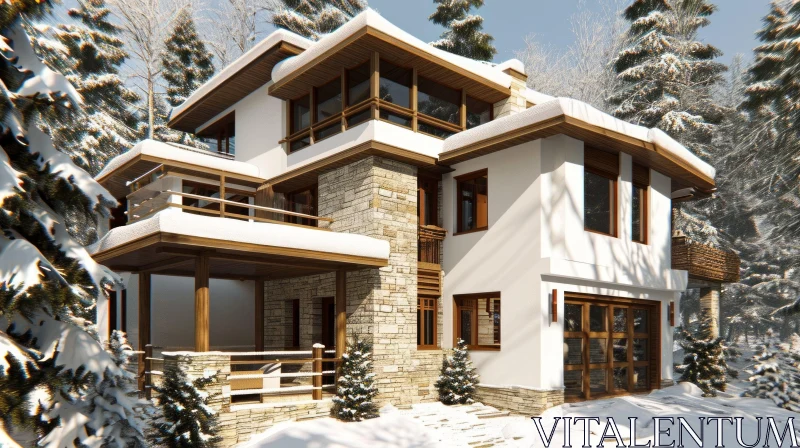 Captivating 3D Rendering of a Modern House in a Snowy Forest AI Image