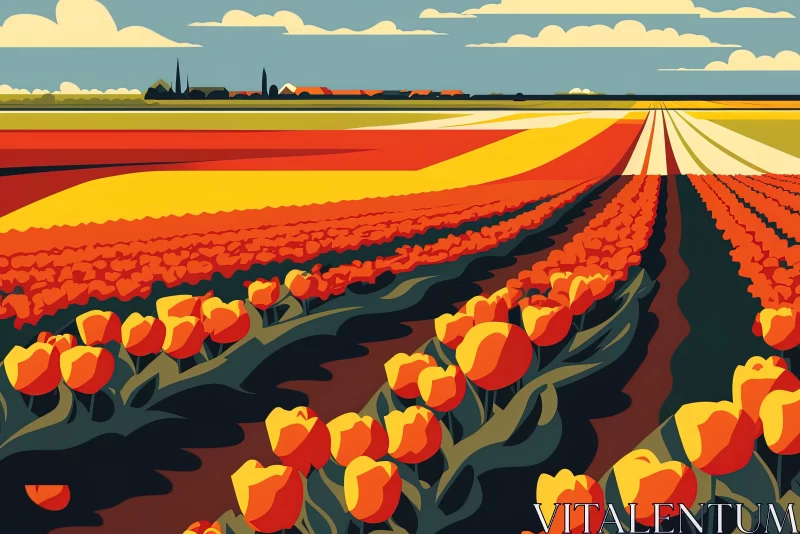 Captivating Tulip Fields: Retro-Futuristic Propaganda Inspired Art AI Image