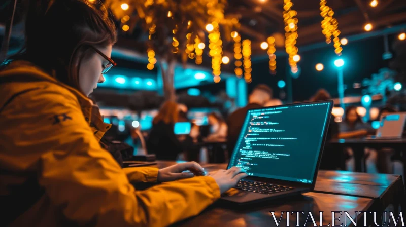 Code Enthusiasm: A Young Woman Engaged in Laptop Coding at a Cozy Cafe AI Image