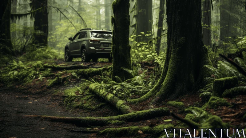 Driving through a Lush Forest: A Captivating Image of Harmony AI Image