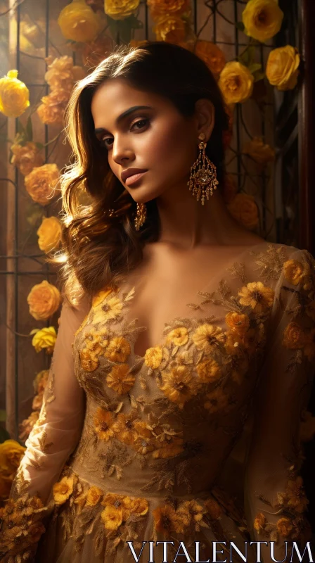 Elegant Woman Portrait in Gold Dress with Yellow Flowers AI Image