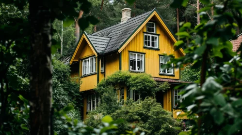 Enchanting Yellow Wooden House in a Green Forest