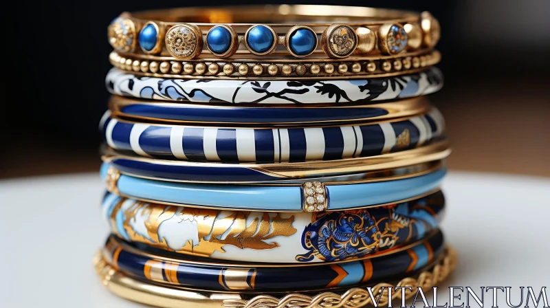 Exquisite Stack of Bangles: Gold, Silver, Enamel | Patterns | Fashion AI Image