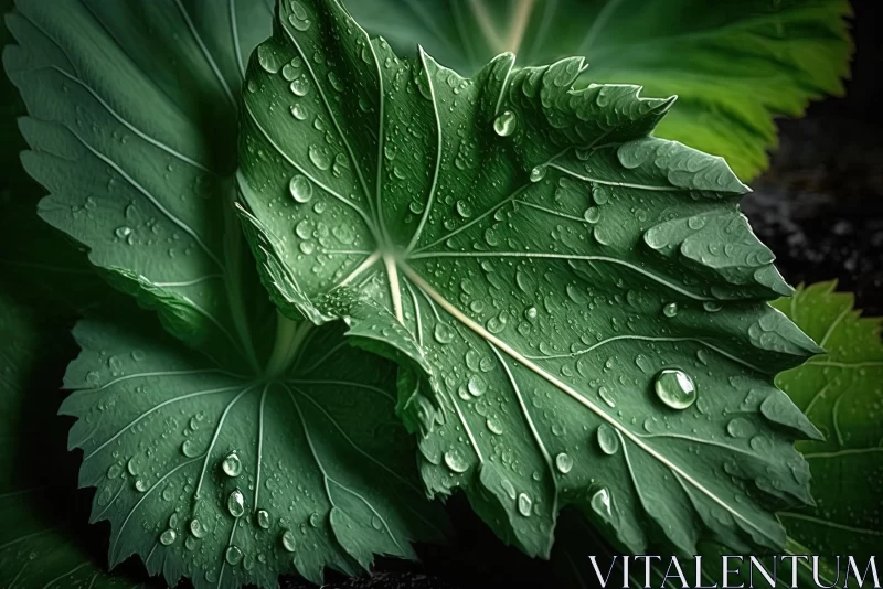 Green Leaves with Water Droplets: Realistic and Hyper-Detailed Rendering AI Image
