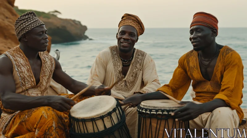 Joyful African Men Playing Drums on the Beach AI Image