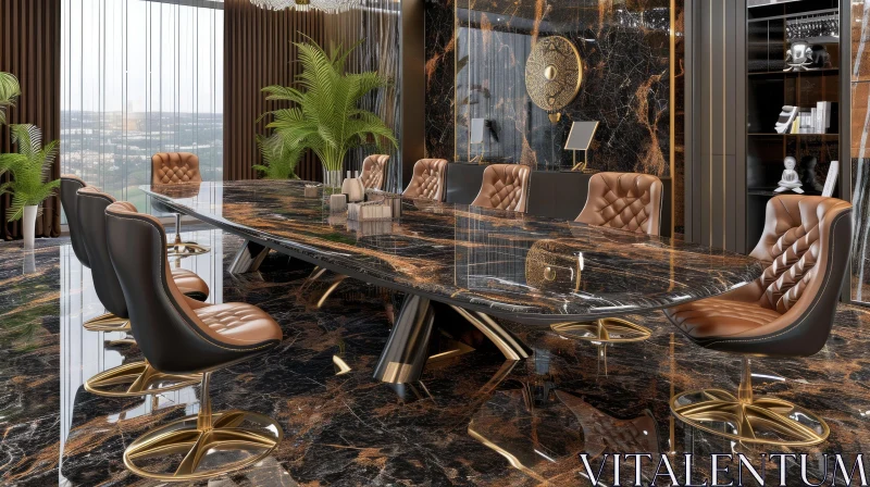 Luxurious Conference Room with Marble Table and Leather Chairs AI Image