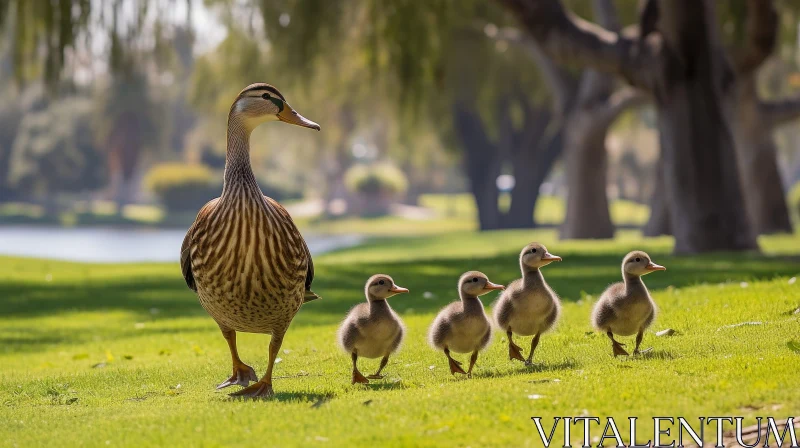 Mother Duck and Ducklings Crossing Green Field AI Image