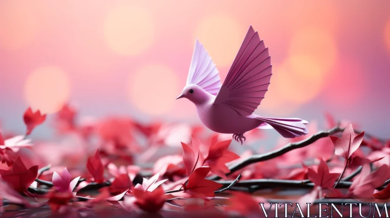 Pink Bird with Outstretched Wings Over Red Leaves AI Image
