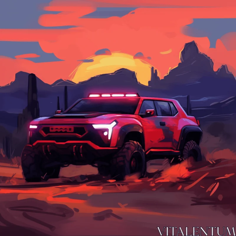 Red SUV in the Desert at Sunset - Vibrant Cartoon Art AI Image