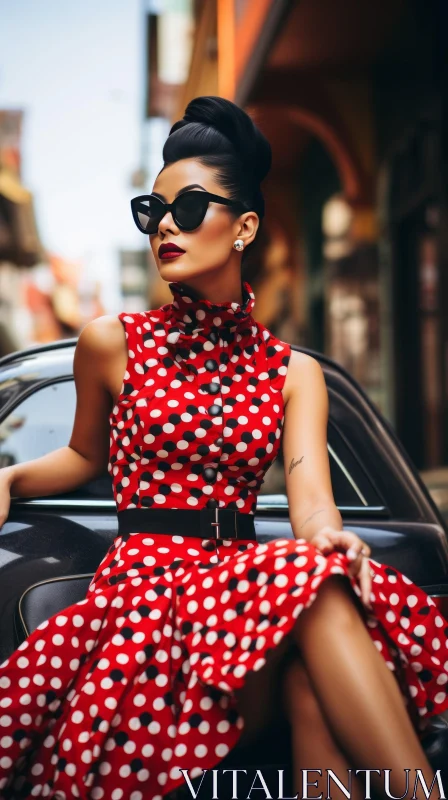 Stylish Woman in Red Dress on Car - Urban Street Scene AI Image