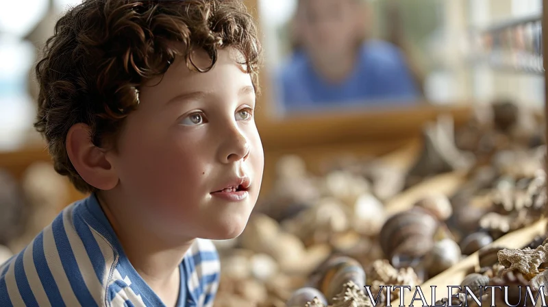 Surprised Boy with Curly Hair and Striped Shirt AI Image