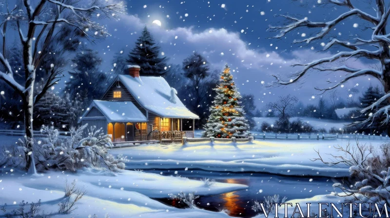 Winter Cottage in Snowy Forest - Serene Nature Scene AI Image
