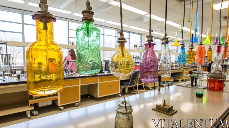 Abstract Chemistry Lab Artwork with Glassware and Colorful Liquids AI Image