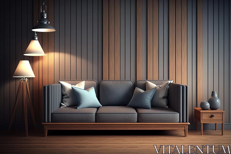 AI ART Captivating Interior Design: Gray Couch Against Wooden Wall