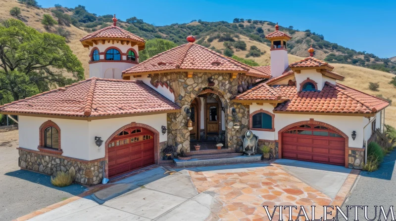 Captivating Spanish-style House with Red Garage Doors and Mountain View AI Image