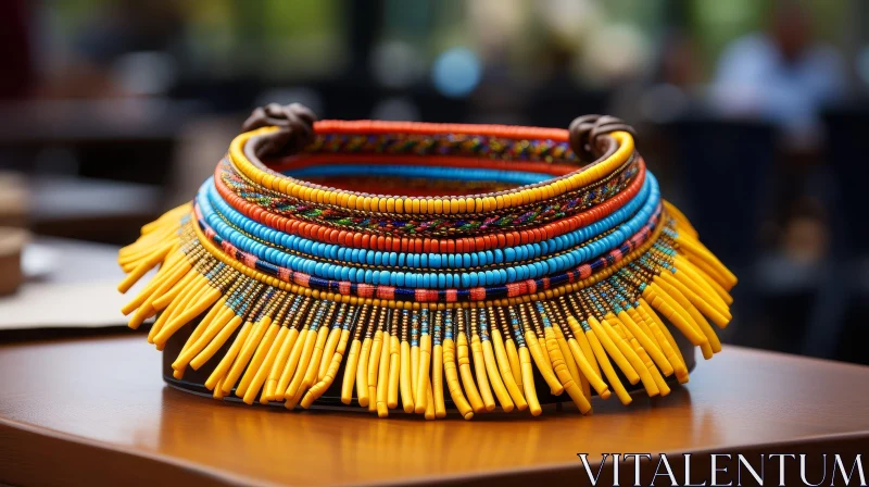 Colorful African Beaded Necklace on Wooden Surface AI Image