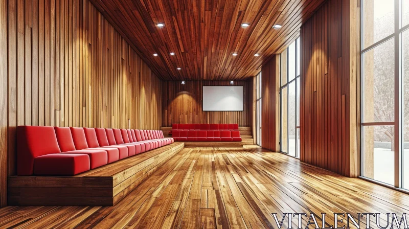 Elegant Auditorium with Red Armchairs and Wooden Walls AI Image