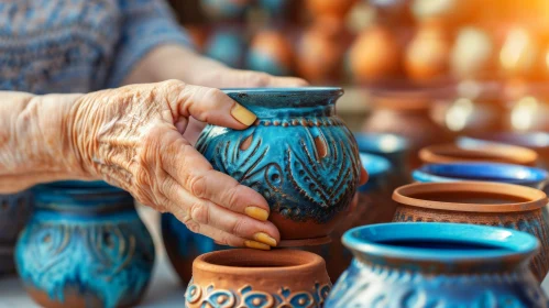 Exquisite Handmade Ceramic Jug with Blue Glaze - Artistic Image